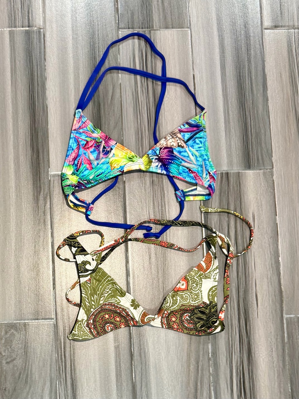 Tropical Blue & Olive Paisley Bikini Tops - Women Swim Bikinis